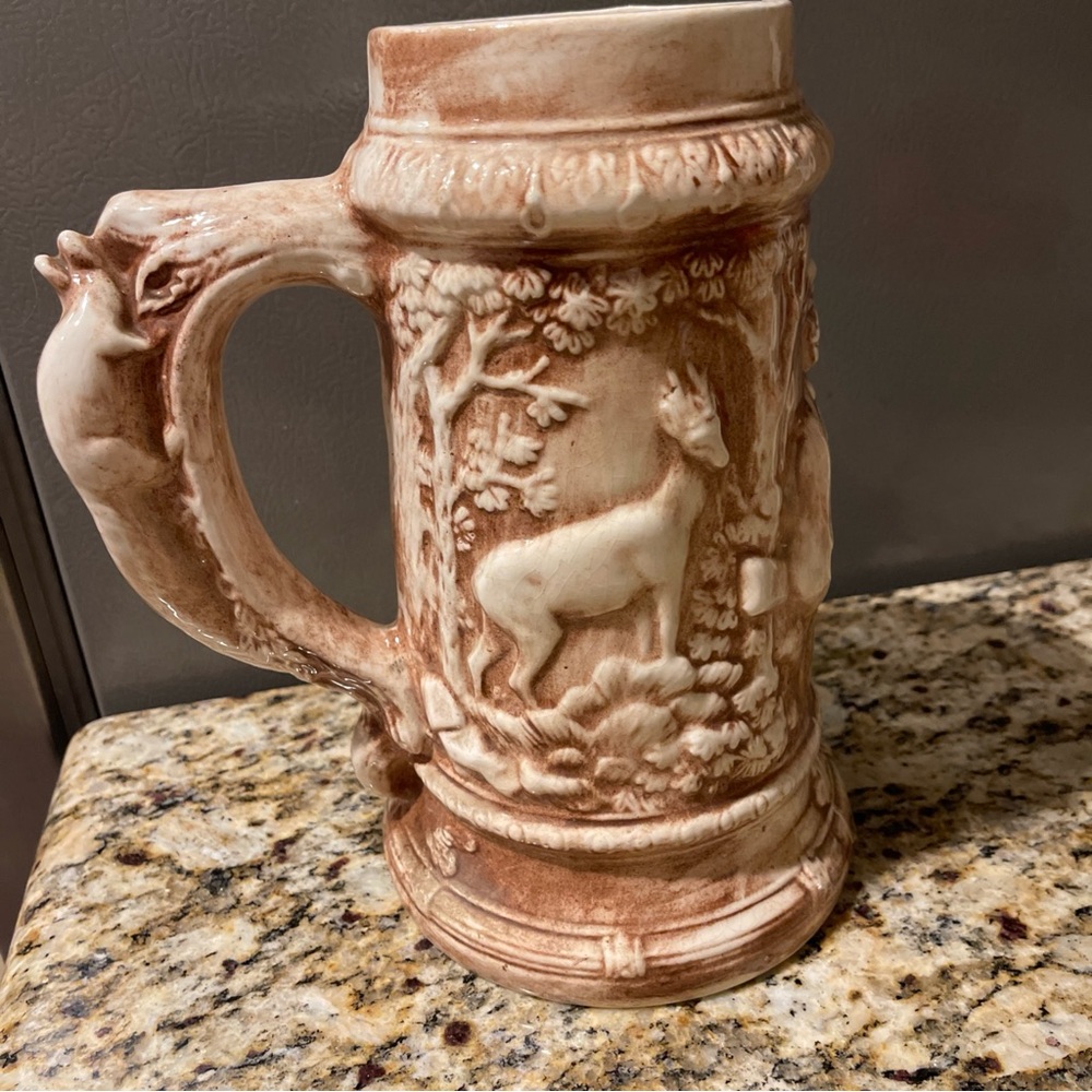 Large 10" tall Ceramic Beer Mug Stein Deer Man & Squirrel  Barware 1976 Man Cave